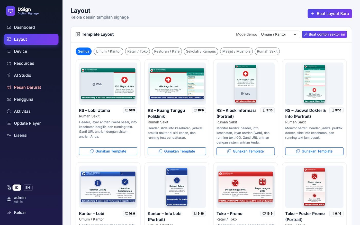 Template layout siap pakai per sektor